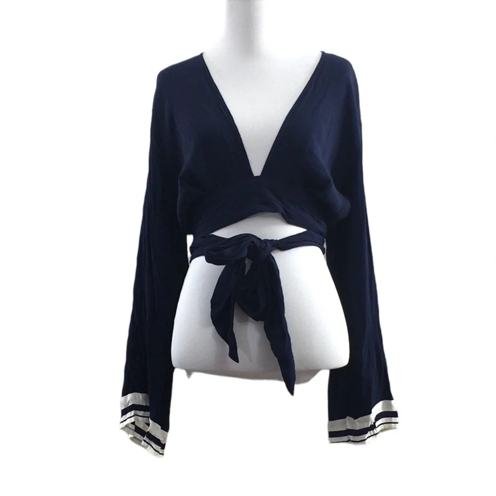 Faithfull the Brand Navy Blue Tie-Front Crop Top with Striped Cuffs